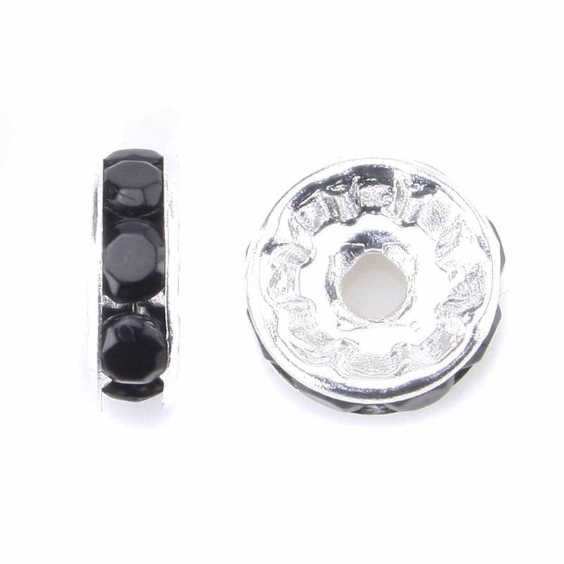 Allb 100Pcs Rondelle Spacer Beads 10mm Silver Plated Czech Crystal Rhinestone for Jewelry Making Loose Beads for Bracelets, black - Image 2